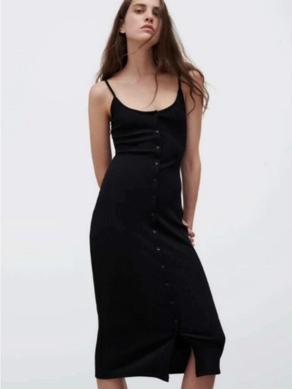 Zara Black Ribbed Button-Front Midi Dress